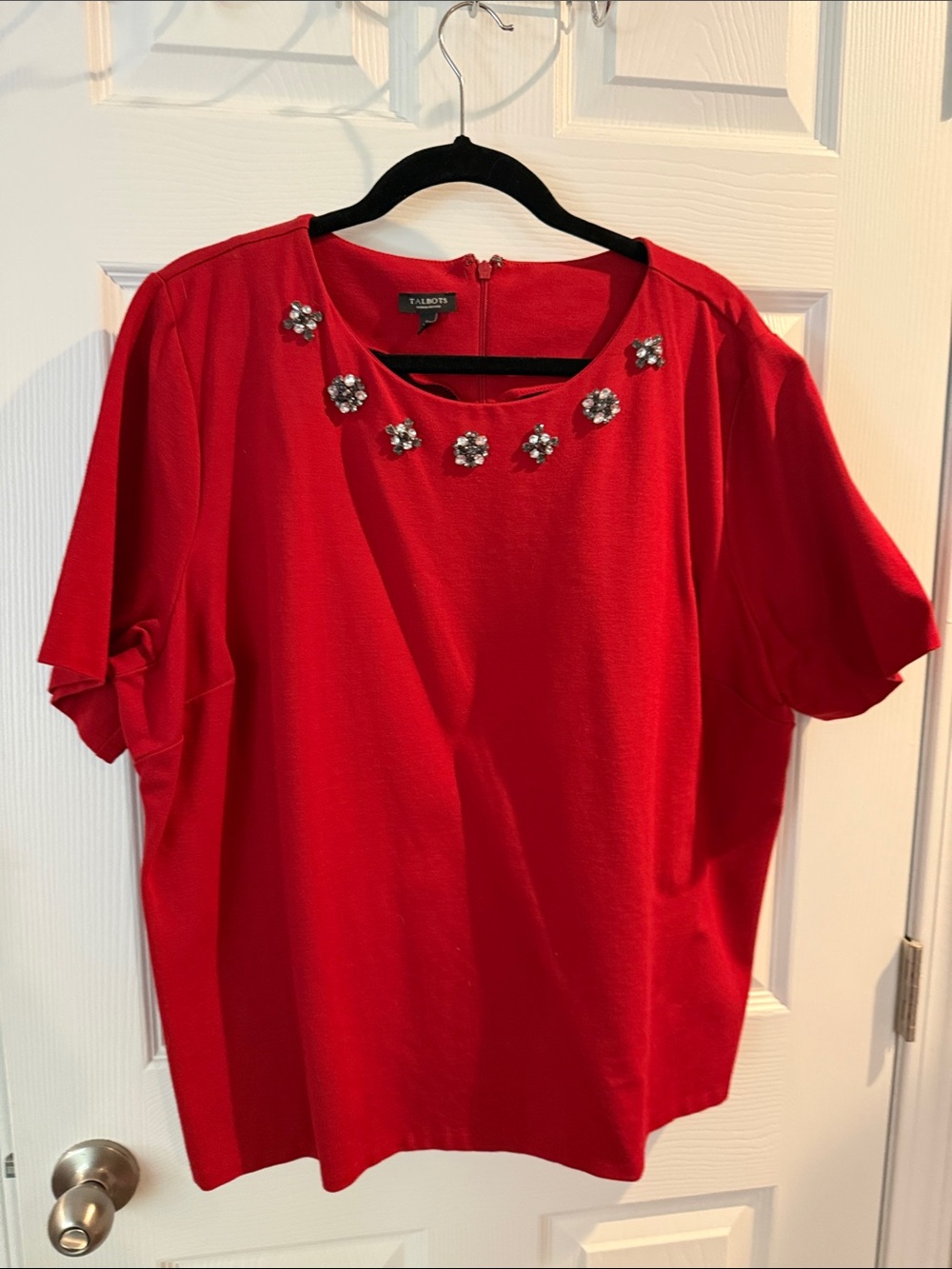 Talbots Red Short-Sleeve Top with Crystal Floral Accents